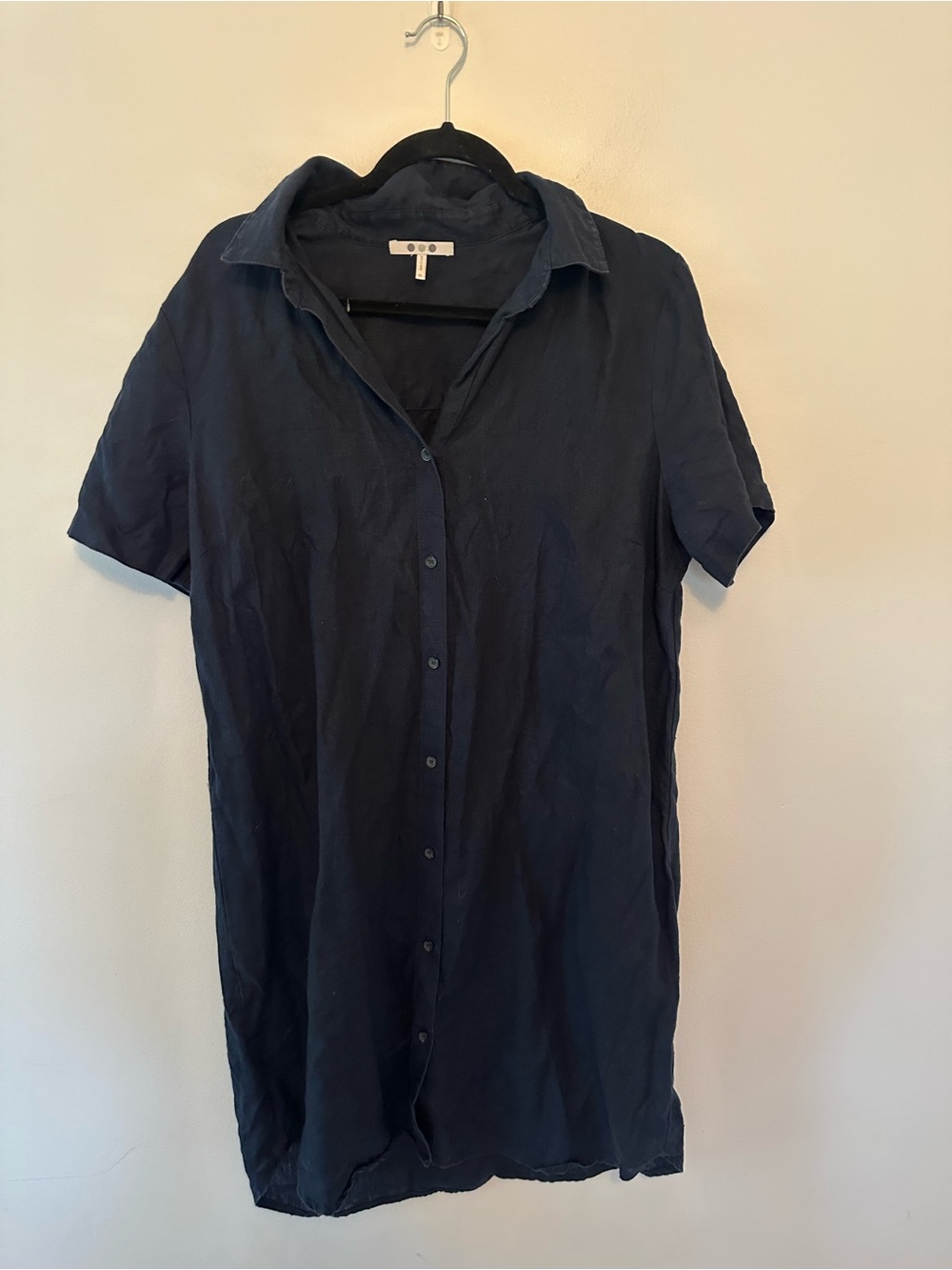 Three Dots 100% Linen Navy Blue Short Sleeve Button Front Shirt Dress XL USA